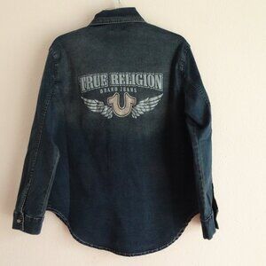True Religion Denim Shirt Women's Size M Blue Denim Western Pearl Snap Glitter